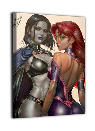 Raven & Starfire canvas wall art by Aurelio Rigoni , created using airbrush techniques followed with pastel pencils for refined detail and depth