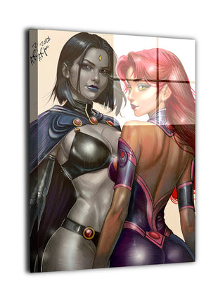 Raven & Starfire metal wall art by Aurelio Rigoni , created using airbrush techniques followed with pastel pencils for refined detail and depth