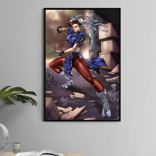 Lightning Strike Fighter 11x17 poster print featuring Chun-Li in her signature fighting pose, surrounded by debris and city backdrop.