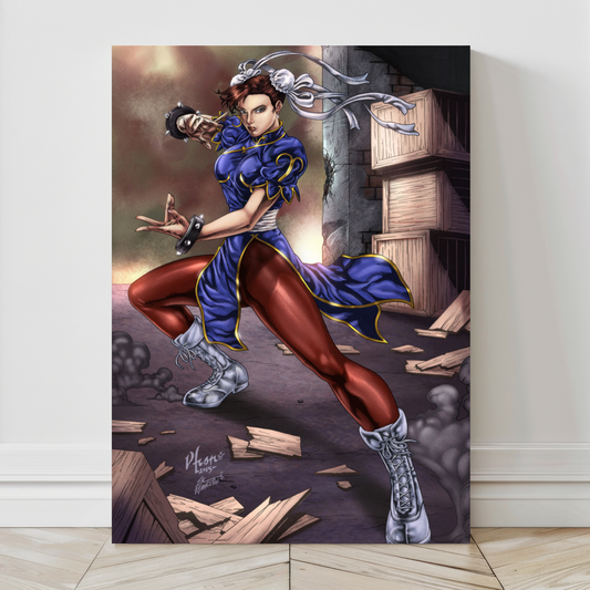 Large 24x36 canvas artwork of Chun-Li in action stance, perfect for gaming décor.