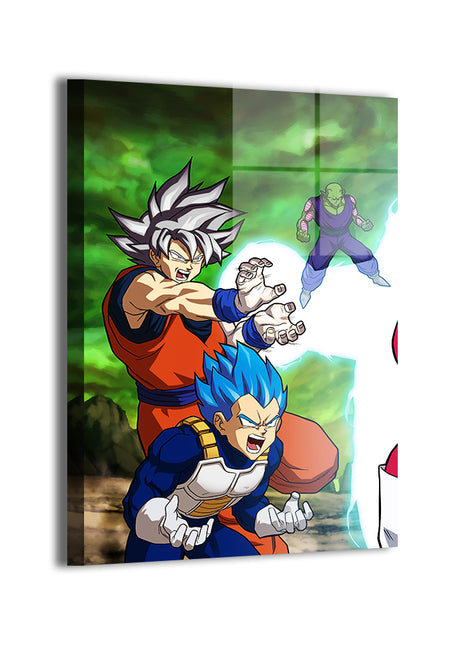 Goku, Vegeta, Piccolo energy charge artwork; metallic sheen, ready to hang.