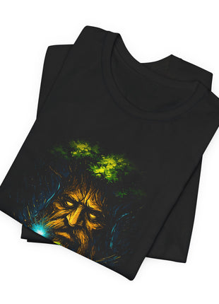 Folded black T-shirt detail showing the Great Deku Tree’s textured face and bright green foliage.