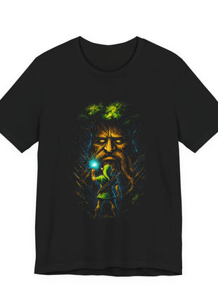 Black T-shirt front showing Link beneath the Great Deku Tree’s large golden-brown face with a small cyan glow.