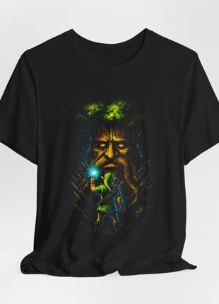 Gathered black T-shirt front with green-clad Link, cyan light and the towering face of the Great Deku Tree.