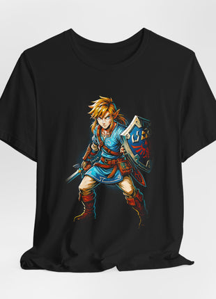 Draped front view of the black Link Champion's Tunic Graphic T-Shirt.