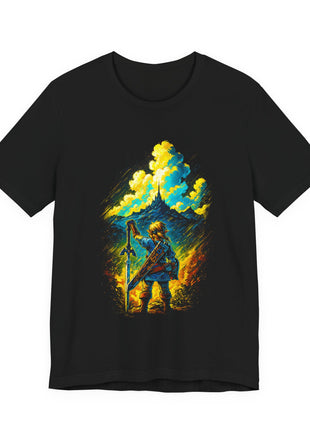 Black T-shirt front showing blue-tunic Link with an upright sword facing a distant castle beneath golden clouds.