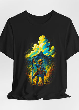 Gathered black T-shirt front with Link and a silver sword beneath a gold-and-blue castle landscape.