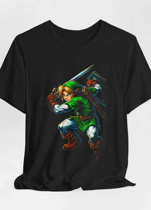 Draped front view of the black Link Master Sword Strike Graphic T-Shirt.