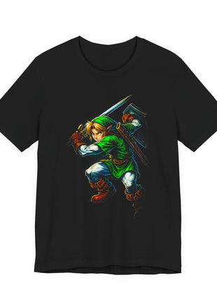 Front view of the black Link Master Sword Strike Graphic T-Shirt.