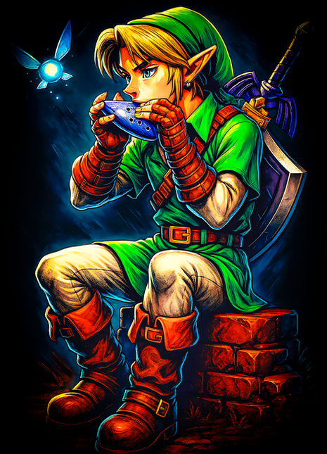 Link playing the Ocarina of Time The Legend of Zelda wall art in Acrylic, Canvas and Metal