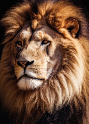 Lion looking left with a cream and copper mane, pale face and long whiskers on black.