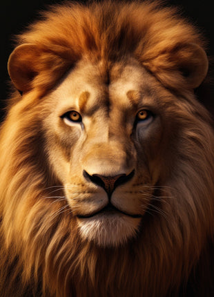 Golden-maned lion with its head slightly turned, warm light on one side and deep shadows against black.