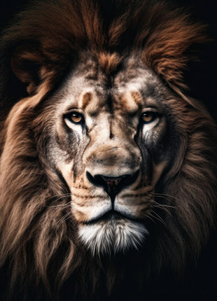 Dark-maned lion with silver highlights on its face and pale eyes against a black background.