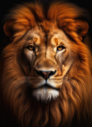 Front-facing lion with a burnished orange mane, dark lower strands and amber eyes against black.