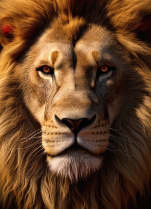 Close lion portrait with golden-brown fur, amber eyes and dark facial contours on black.