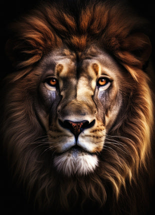 Front-facing lion with a dark chestnut mane, amber eyes and a pale chin against black.