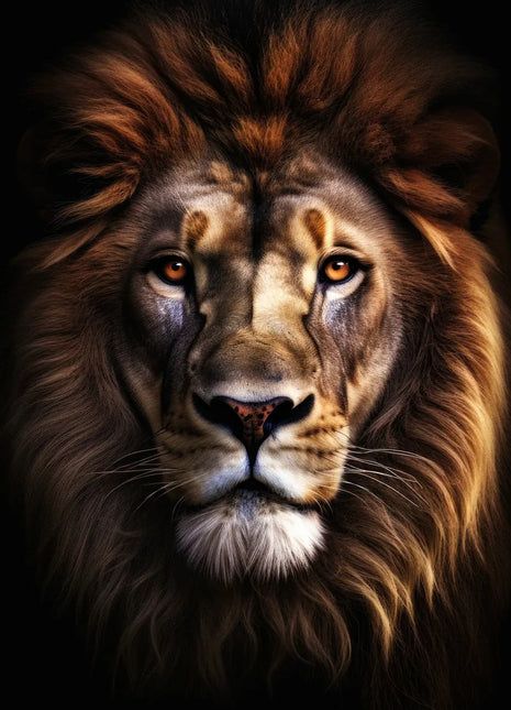 Front-facing lion with a dark chestnut mane, amber eyes and a pale chin against black.
