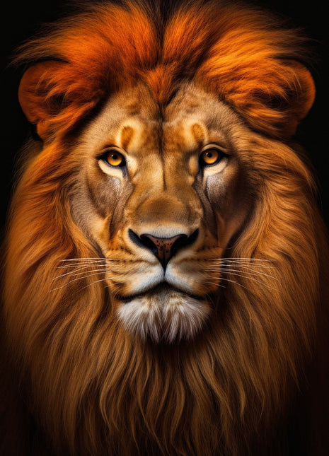 Lion facing forward with a bright copper-orange mane, amber eyes and white chin against black.