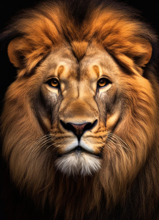 Front-facing lion with a broad golden-brown mane, amber eyes and pale muzzle on a black background.