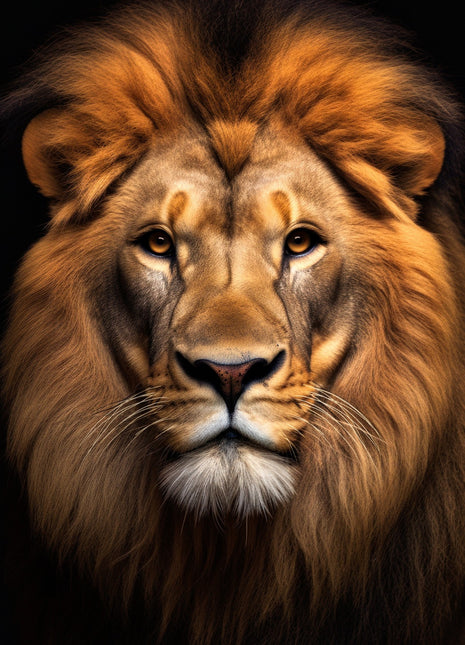 Front-facing lion with a broad golden-brown mane, amber eyes and pale muzzle on a black background.