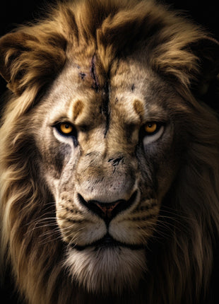 Lion with a muted gold-brown mane, softly lit face and dark lower fur against black.