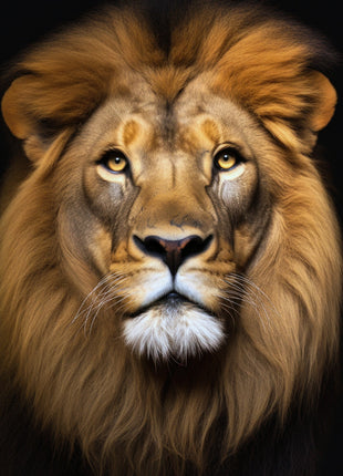 Centered lion with a soft ochre mane, pale muzzle, white chin and bright eyes against black.