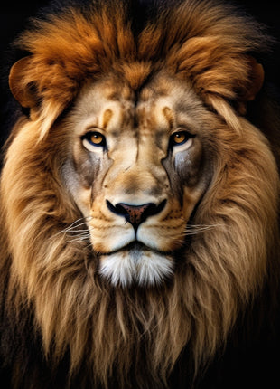 Forward-facing lion with a tousled tawny and cream mane and a pale muzzle on black.