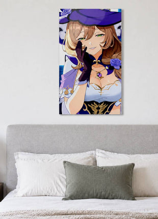 Lisa from Genshin Impact wearing her purple witch hat, glove and rose ornament on acrylic wall art above a gray upholstered headboard in a bedroom with white bedding.