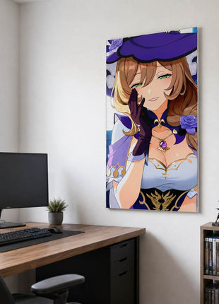 Lisa from Genshin Impact wearing her purple witch hat, glove and rose ornament on acrylic wall art beside a computer monitor and oak desk in a game room with white walls.