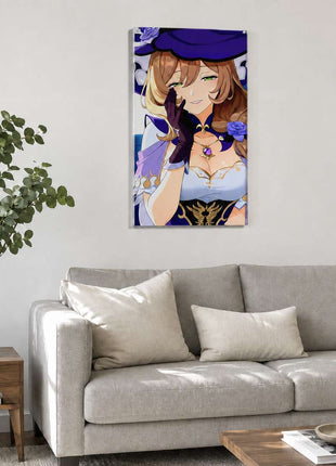 Lisa from Genshin Impact wearing her purple witch hat, glove and rose ornament on acrylic wall art above a light gray sofa in a living room with white walls.