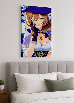 Lisa from Genshin Impact wearing her purple witch hat, glove and rose ornament on canvas wall art above a gray upholstered headboard in a bedroom with white bedding.