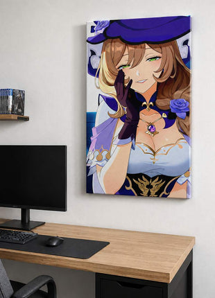 Lisa from Genshin Impact wearing her purple witch hat, glove and rose ornament on canvas wall art beside a computer monitor and oak desk in a game room with white walls.