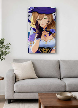 Lisa from Genshin Impact wearing her purple witch hat, glove and rose ornament on canvas wall art above a light gray sofa in a living room with white walls.