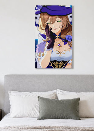 Lisa from Genshin Impact wearing her purple witch hat, glove and rose ornament on metal wall art above a gray upholstered headboard in a bedroom with white bedding.