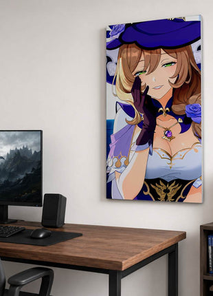 Lisa from Genshin Impact wearing her purple witch hat, glove and rose ornament on metal wall art beside a computer monitor and oak desk in a game room with white walls.