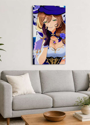 Lisa from Genshin Impact wearing her purple witch hat, glove and rose ornament on metal wall art above a light gray sofa in a living room with white walls.