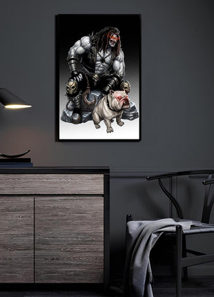 The Main Man and His Mutt Lobo wall art displayed above a cabinet in a dark-room mockup