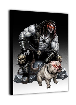 Lobo crouched on broken stone behind a white bulldog against a black-to-white background, art by Ryan Pasibe