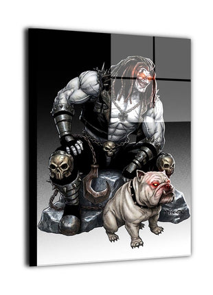 Angled reflective view of Lobo wall art with a white bulldog, skull armor, and red eyes