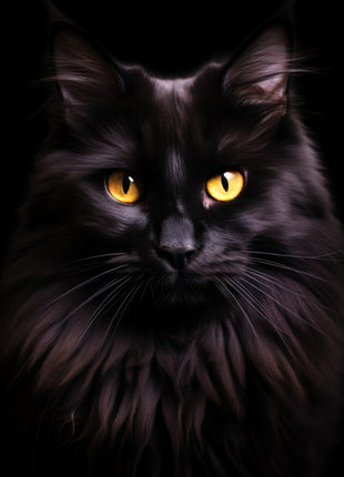 Long-haired black cat facing forward with golden eyes, tall ears and full charcoal-colored ruff.
