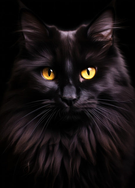 Long-haired black cat facing forward with golden eyes, tall ears and full charcoal-colored ruff.