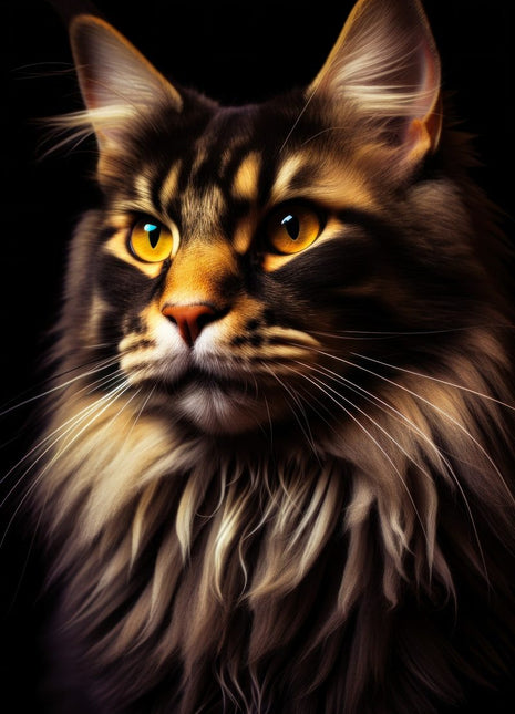 Long-haired brown tabby looking left with golden eyes, tufted ears and a full cream-and-brown ruff.