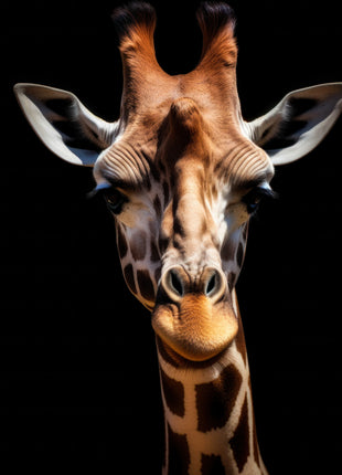 Front-facing giraffe with long patterned neck, wide ears and orange-brown horn tufts against black.