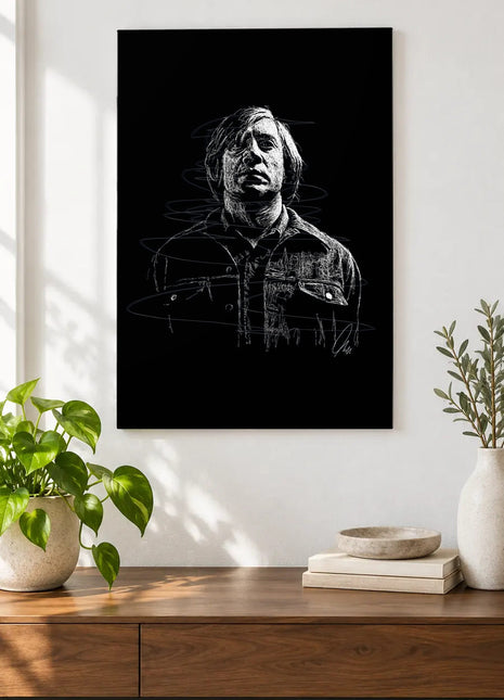 Loose Hair Dark Denim acrylic wall art displayed above a wooden console with plants and books against a white wall.
