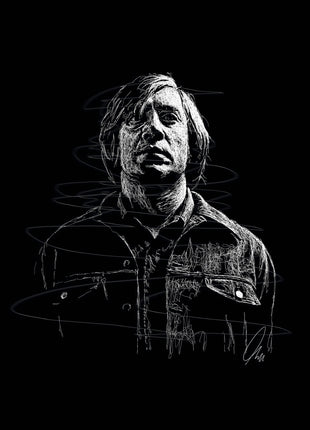 Loose Hair Dark Denim: frames a long-haired man in a buttoned dark overshirt.