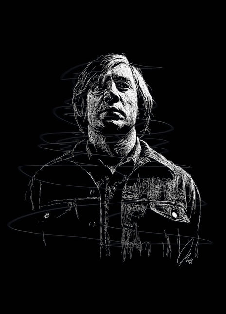 Loose Hair Dark Denim: frames a long-haired man in a buttoned dark overshirt.