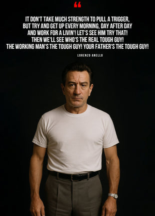 Lorenzo Anello in a dark portrait beneath white quotation text and a red quotation mark.
