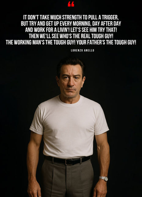 Lorenzo Anello in a dark portrait beneath white quotation text and a red quotation mark.