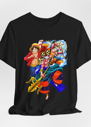 Draped front view of the black Luffy and Enel Lightning Collage Graphic T-Shirt.