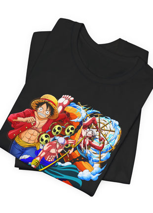 Folded black Luffy and Enel Lightning Collage Graphic T-Shirt showing a close view of the character artwork.